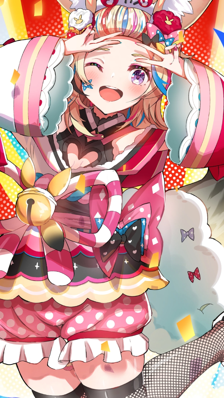 笑顔でダブルピースをする尾丸ポルカ / ホロライブ / バーチャルYouTuber / Vtuberの750 x 1334 / スマホ壁紙