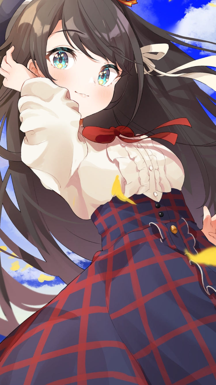 青空の下で笑顔の大空スバル / ロングヘア― / 黄色い花びら / ホロライブ / バーチャルYouTuber / Vtuberの750 x 1334 / スマホ壁紙