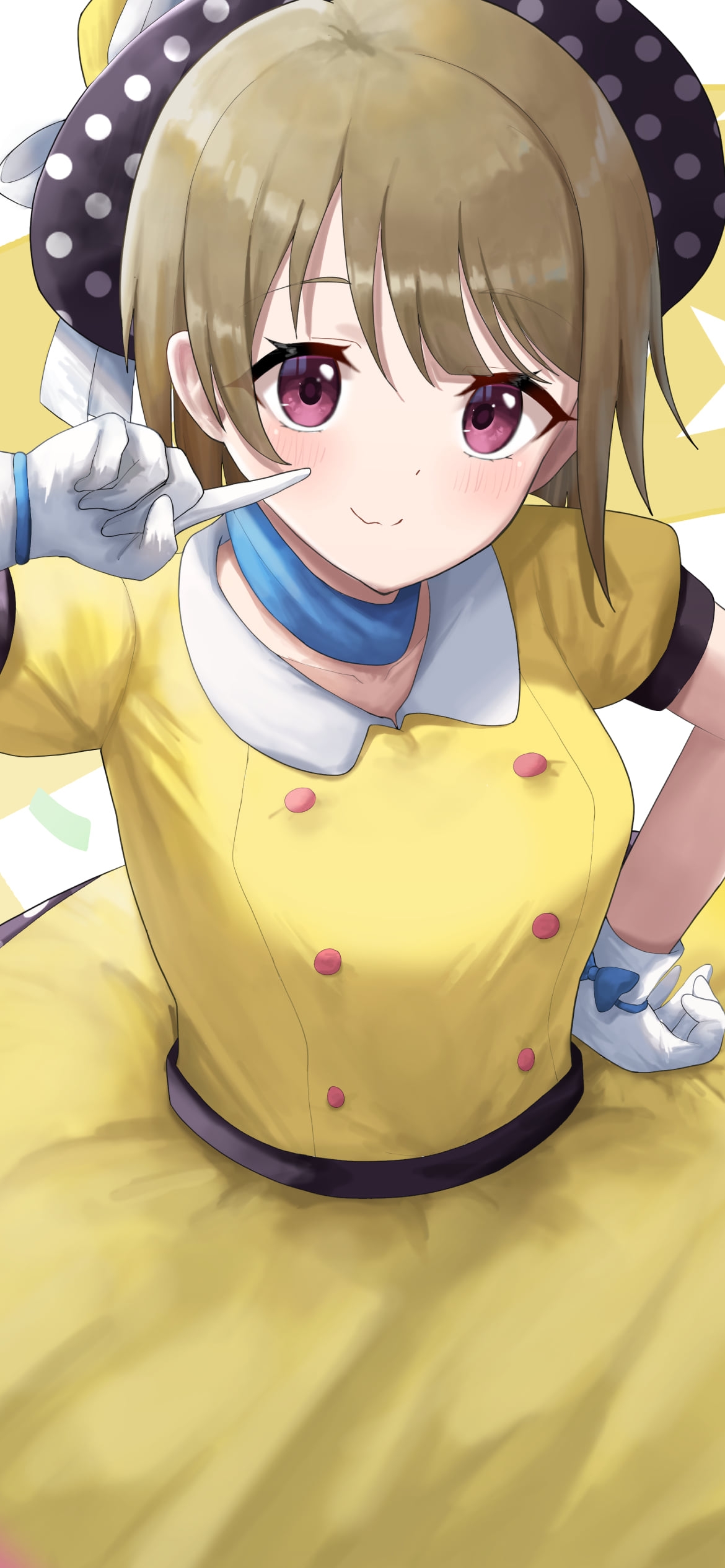 頬っぺたを指をさす可愛い中須かすみ / 黄色い衣装 / 虹ヶ咲学園スクールアイドル同好会の1170 x 2532 / スマホ壁紙