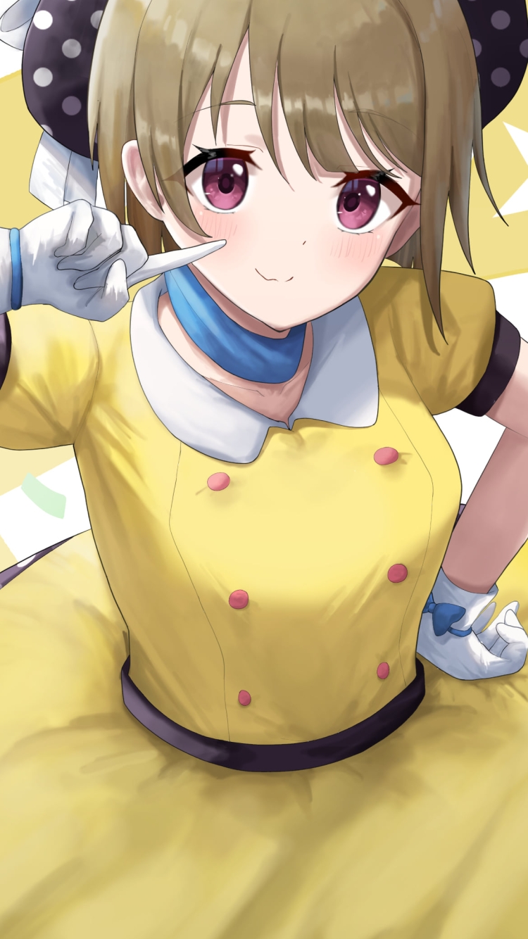 頬っぺたを指をさす可愛い中須かすみ / 黄色い衣装 / 虹ヶ咲学園スクールアイドル同好会の750 x 1334 / スマホ壁紙