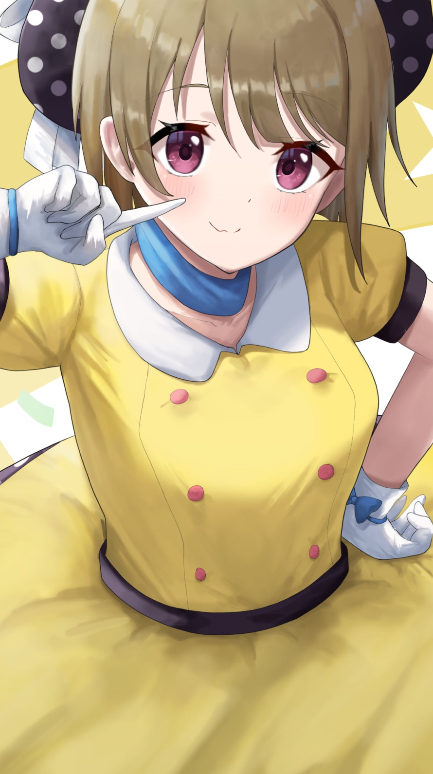 頬っぺたを指をさす可愛い中須かすみ / 黄色い衣装 / 虹ヶ咲学園スクールアイドル同好会の890 x 1590 / スマホ壁紙