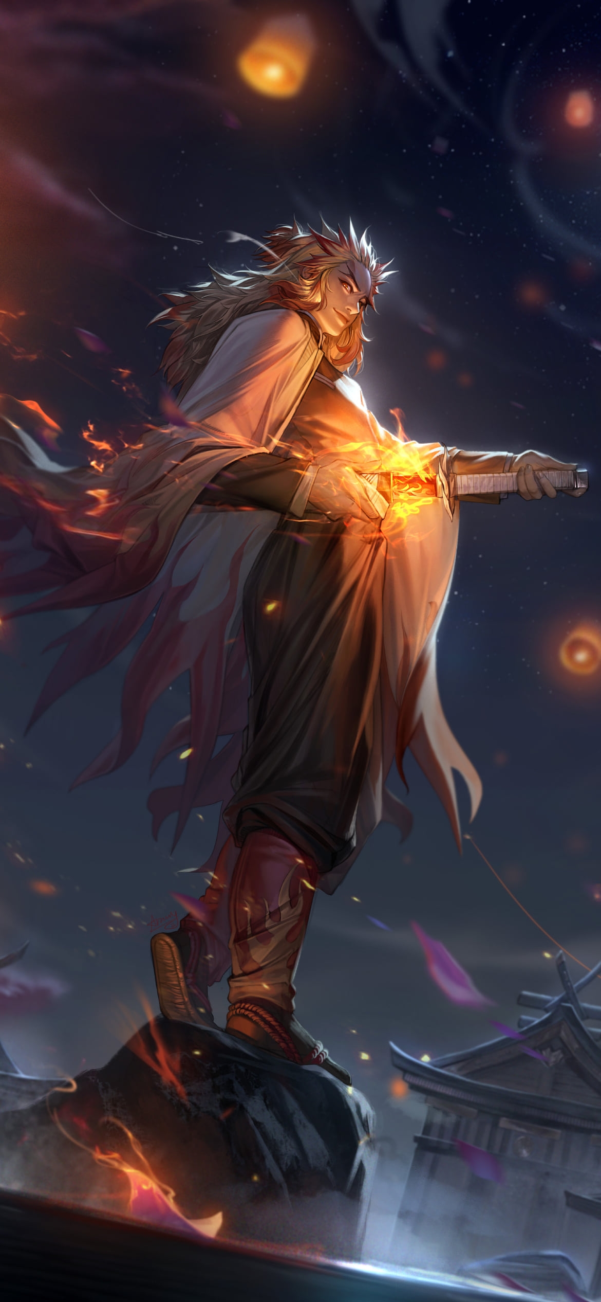 炎が落ちる中で岩の上に立ちこちらに振り返る煉獄杏寿郎 / 鬼滅の刃の1170 x 2532 / スマホ壁紙