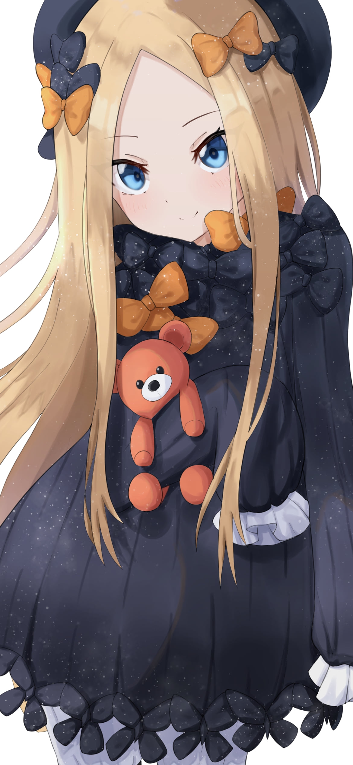 オレンジの熊のぬいぐるみを持つ可愛いアビゲイル・ウィリアムズ / fate/grand orderの1170 x 2532 / スマホ壁紙