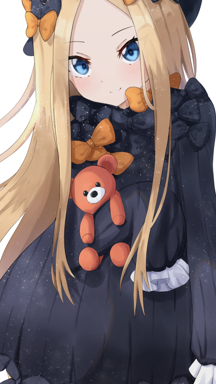 オレンジの熊のぬいぐるみを持つ可愛いアビゲイル・ウィリアムズ / fate/grand orderの750 x 1334 / スマホ壁紙