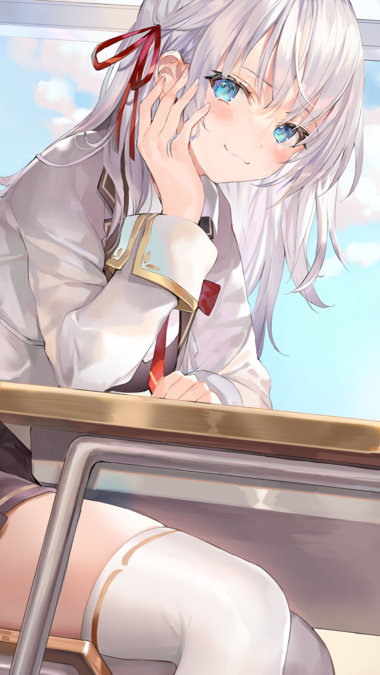 学校の窓際で肘をつきこちらを見るアリサ・ミハイロヴナ・九条 / alisa mikhailovna kujou / ロシデレ / 時々ボソッとロシア語でデレる隣のアーリャさんの750 x 1334 / スマホ壁紙