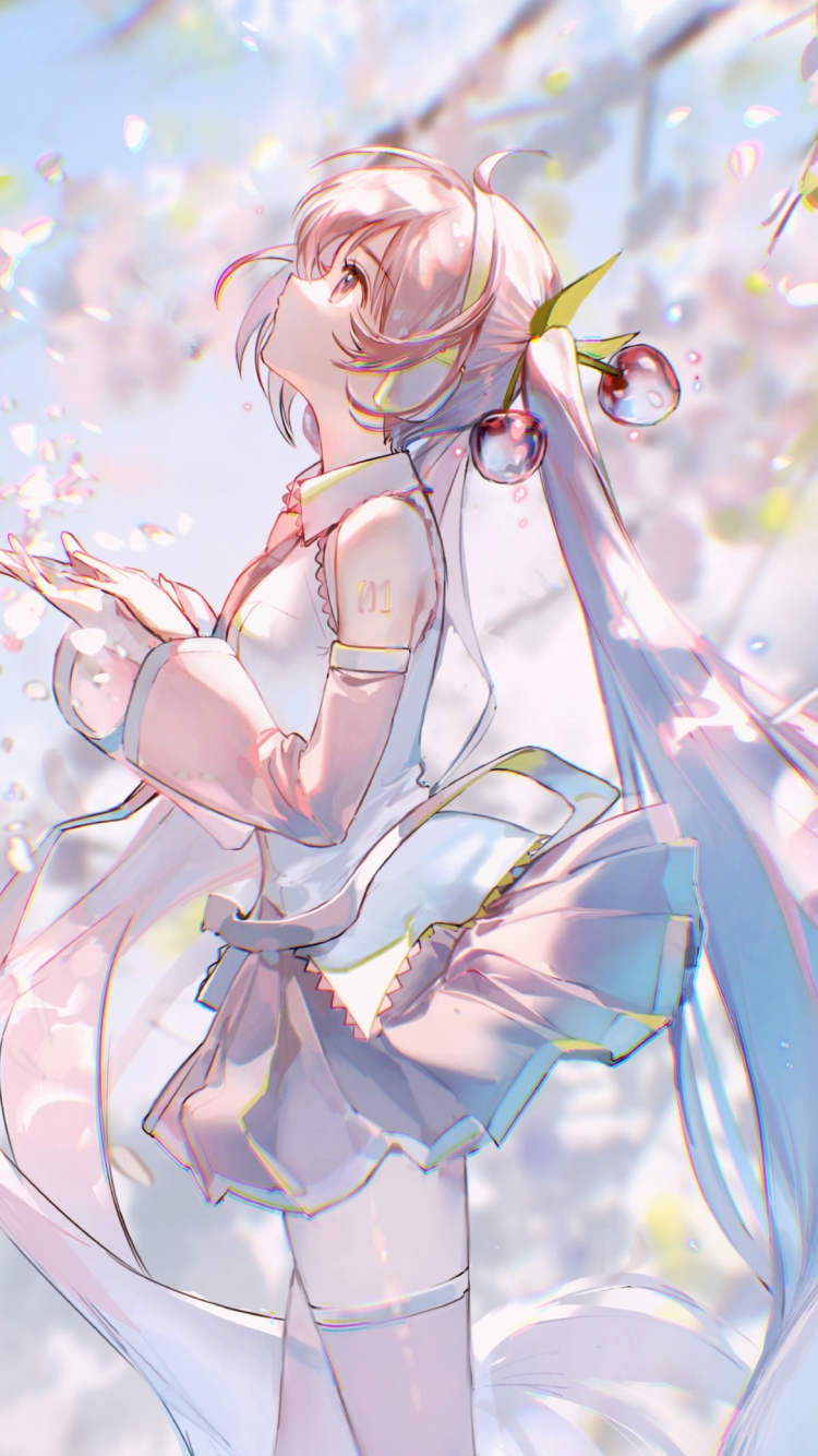 舞い散る桜の花びらに手をかざす桜ミク / ボカロ / ボーカロイドの750 x 1334 / スマホ壁紙