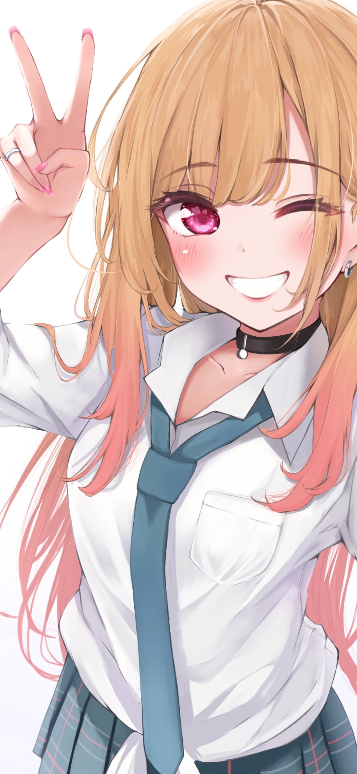 笑顔でピースする可愛い喜多川海夢（きたがわまりん） / 制服 / 女子高生 / JK / 自撮り / セルフィー / その着せ替え人形は恋をするの1170 x 2532 / スマホ壁紙