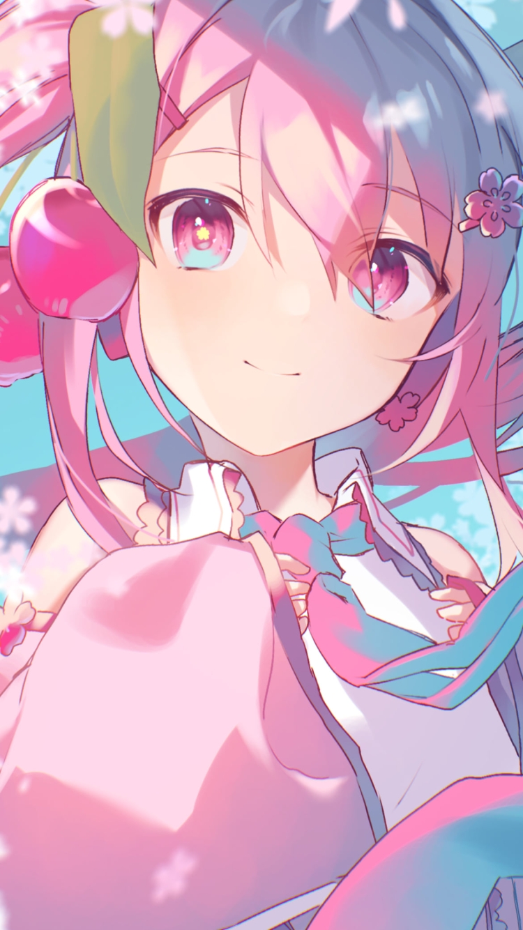 桜の花とプニプニの可愛い桜ミク / さくらんぼの髪飾り / ボカロ / ボーカロイドの750 x 1334 / スマホ壁紙