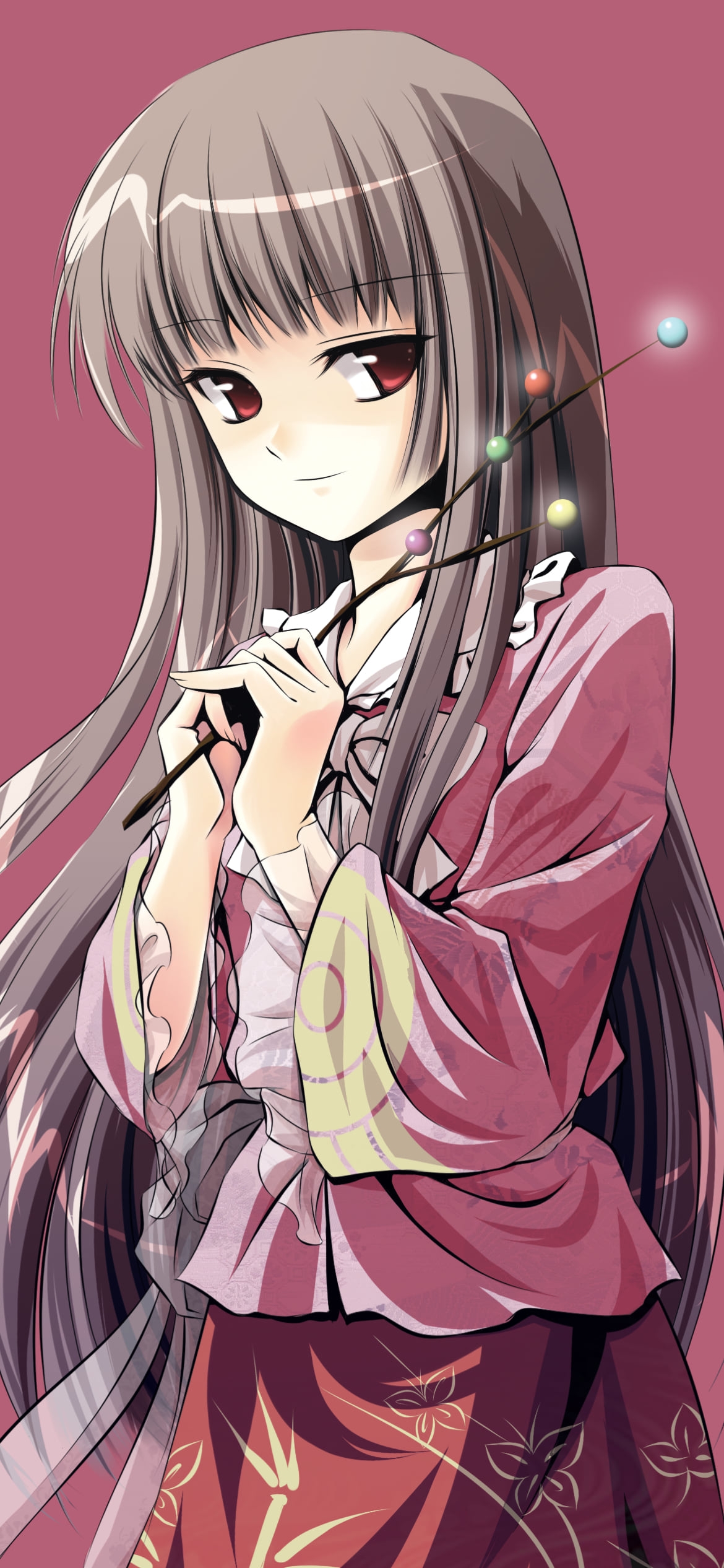 カラフルな花の枝を持つ蓬莱山輝夜（ほうらいさん かぐや） / 東方の1170 x 2532 / スマホ壁紙