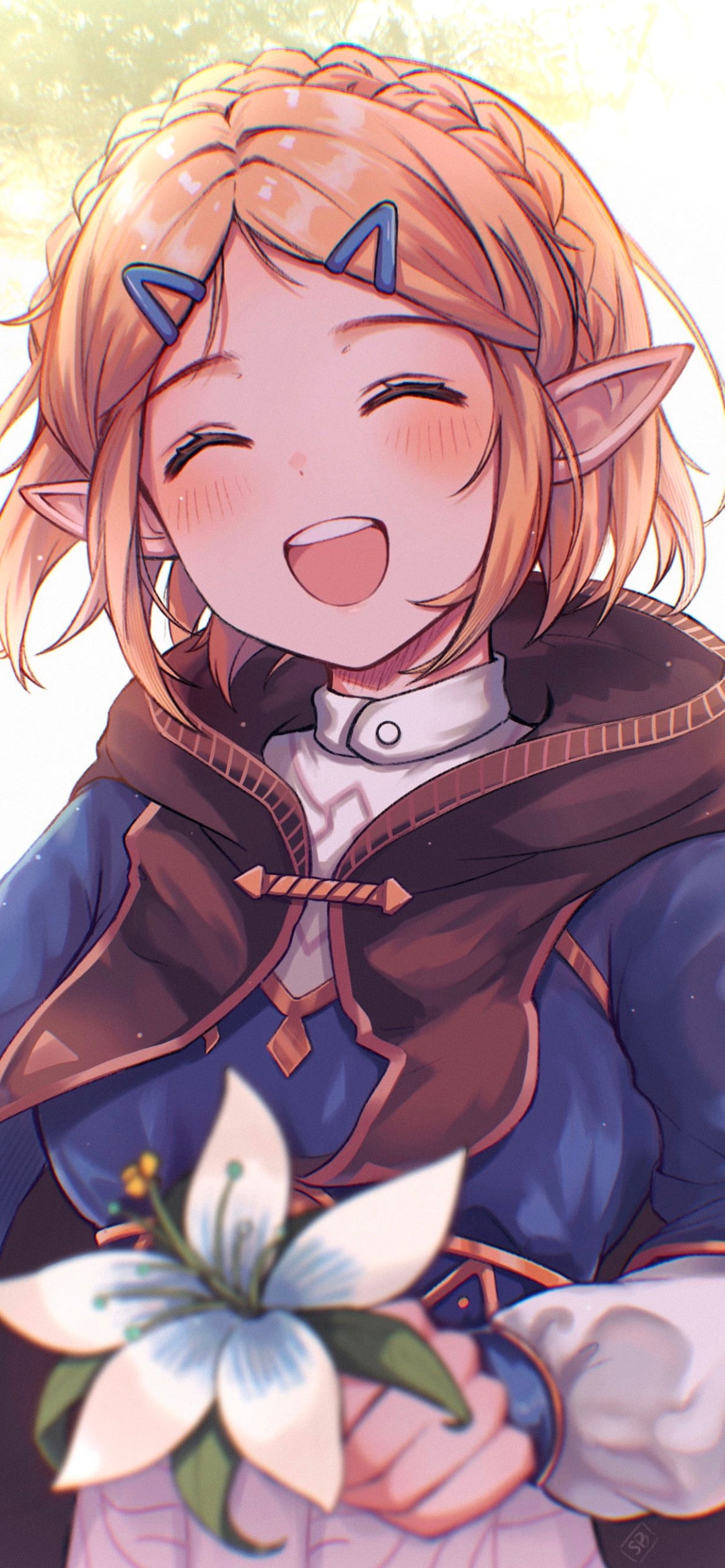 白い百合を持つ笑顔のゼルダ姫 / ゼルダの伝説 ブレスオブザワイルドの1170 x 2532 / スマホ壁紙