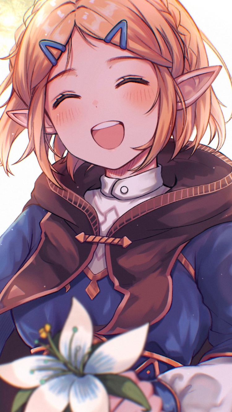 白い百合を持つ笑顔のゼルダ姫 / ゼルダの伝説 ブレスオブザワイルドの750 x 1334 / スマホ壁紙