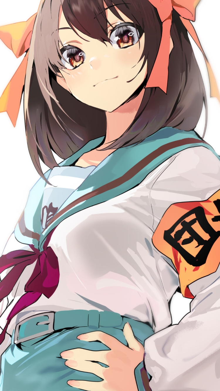 腰に手をあててドヤ顔の涼宮ハルヒ / 団長 / 涼宮ハルヒの憂鬱の750 x 1334 / スマホ壁紙