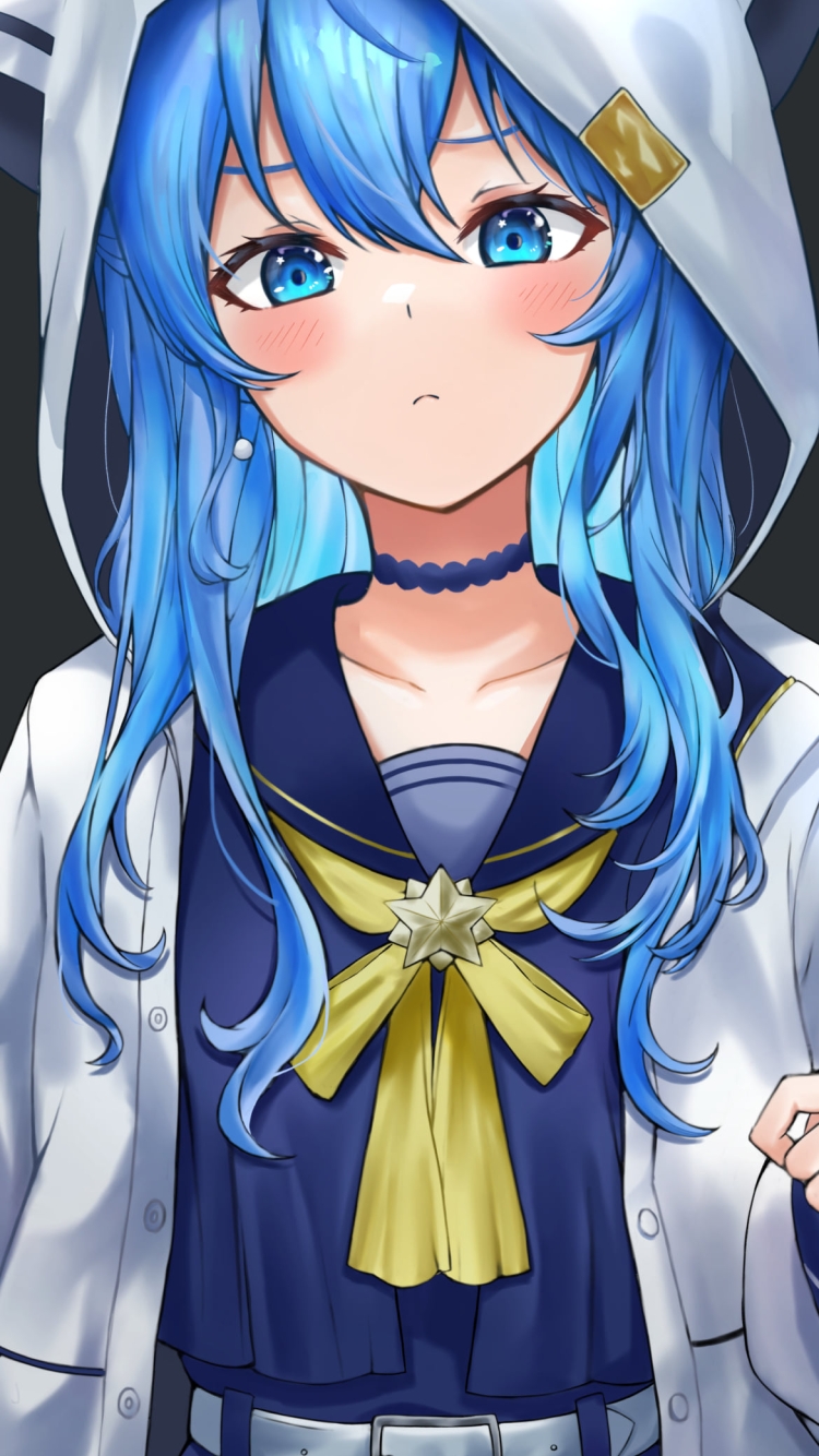 猫耳のついた白いフードを被る星街すいせい / ホロライブ / バーチャルYouTuber / Vtuberの750 x 1334 / スマホ壁紙