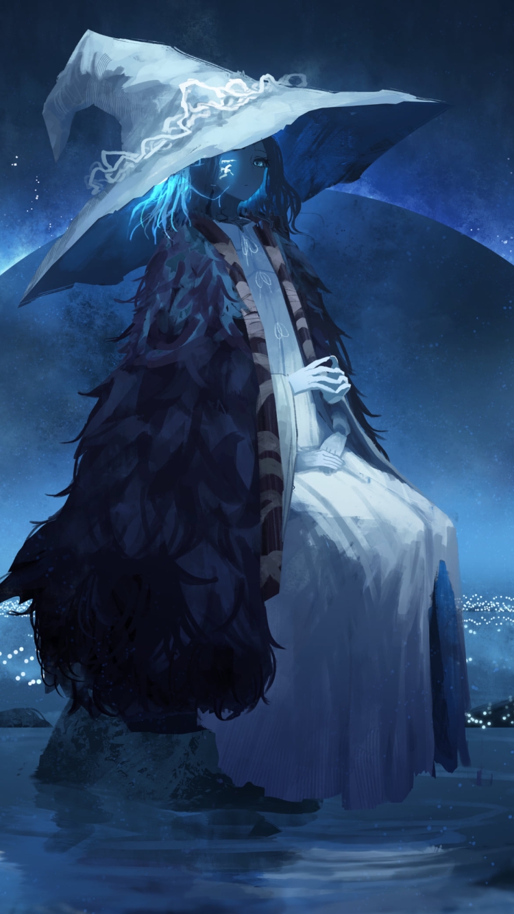 青みがかった魔女ラニと月 / エルデンリングの750 x 1334 / スマホ壁紙