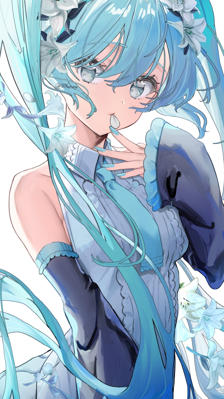 白い百合の髪飾りをつけた綺麗な初音ミク / ボカロ / ボーカロイドの750 x 1334 / スマホ壁紙