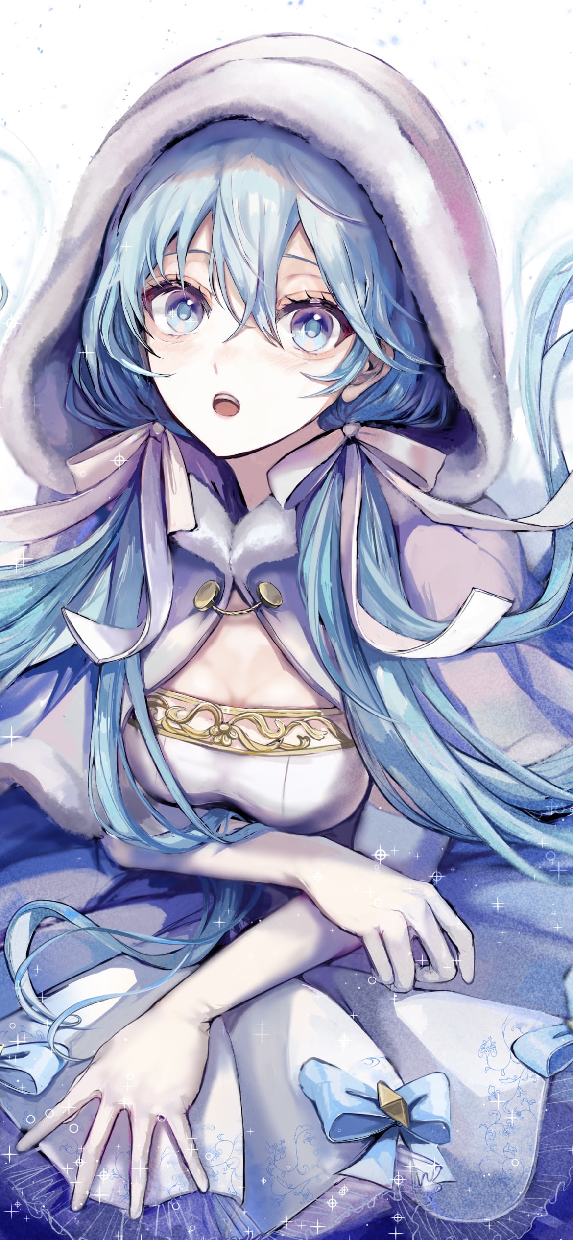 水色のリボンがついた白いドレスを着た初音ミク / ボカロ / ボーカロイドの1170 x 2532 / スマホ壁紙