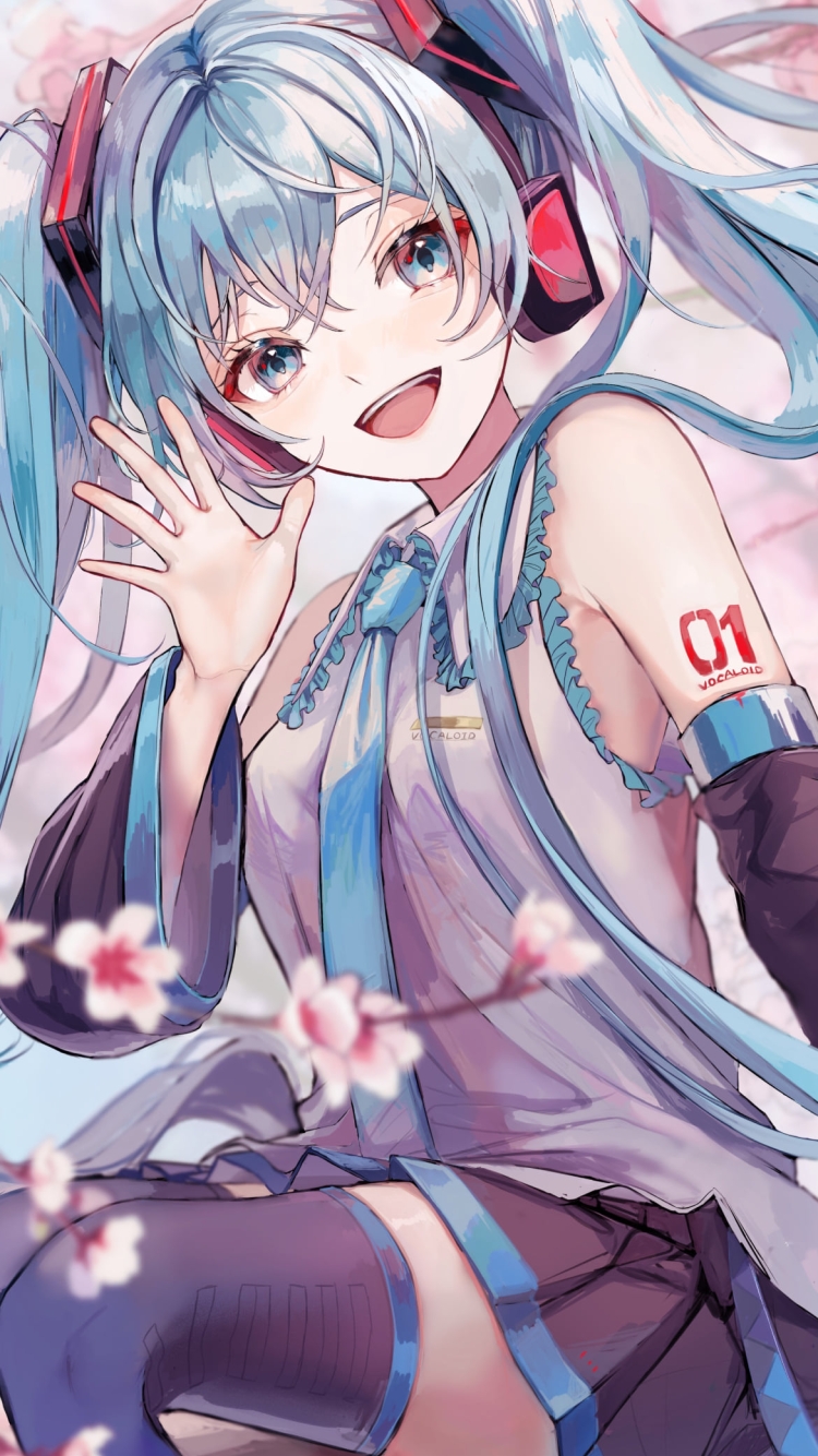 桜と手を振る可愛い初音ミク / ボカロ / ボーカロイドの750 x 1334 / スマホ壁紙