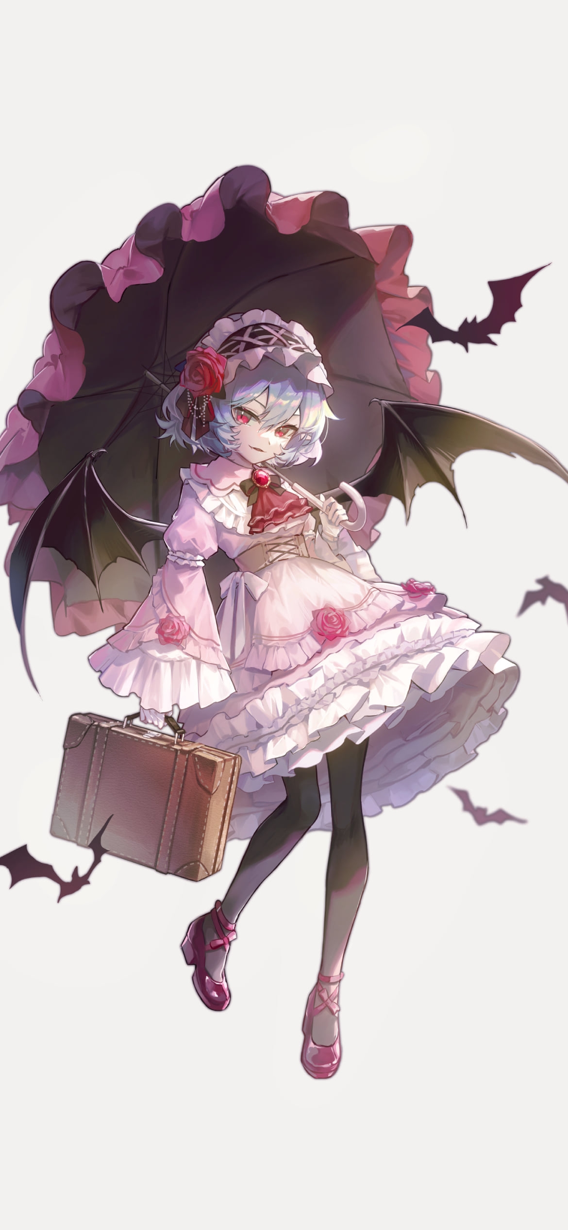 赤い傘をさすレミリア・スカーレット / コウモリ / 茶色い鞄 / 東方の1170 x 2532 / スマホ壁紙