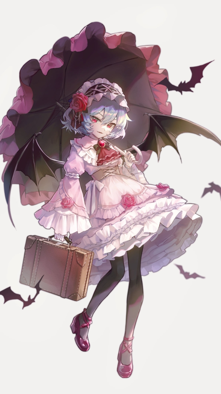 赤い傘をさすレミリア・スカーレット / コウモリ / 茶色い鞄 / 東方の750 x 1334 / スマホ壁紙