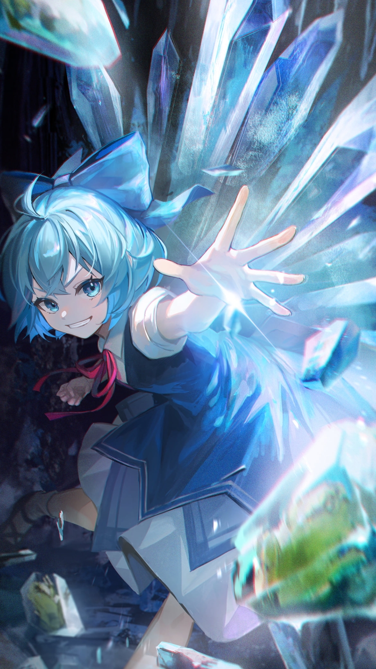 笑いながら左手をかざすチルノ / 東方の750 x 1334 / スマホ壁紙