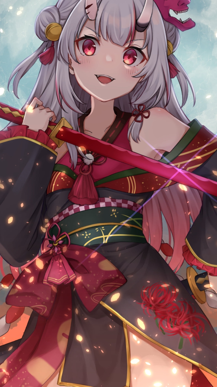 満月と赤い刀を持つかっこいい百鬼あやめ / ホロライブ / バーチャルYouTuber / Vtuberの750 x 1334 / スマホ壁紙