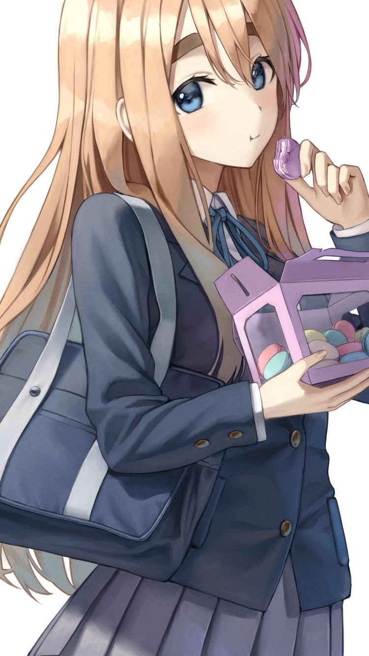 カラフルなマカロンを食べる制服姿の可愛い琴吹紬(ことぶき つむぎ) / けいおん!の750 x 1334 / スマホ壁紙