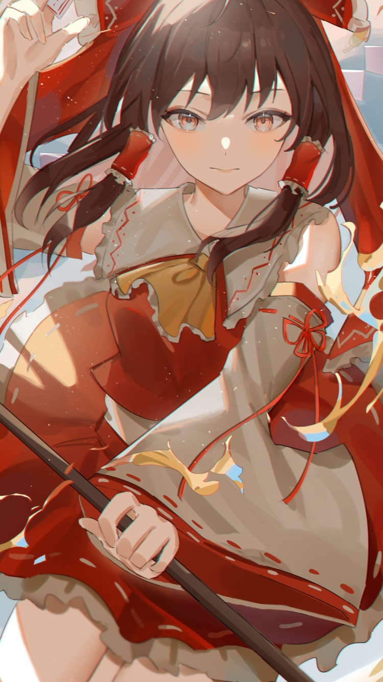 お札と棒を持つ可愛い博麗霊夢 / 赤 / 東方の750 x 1334 / スマホ壁紙