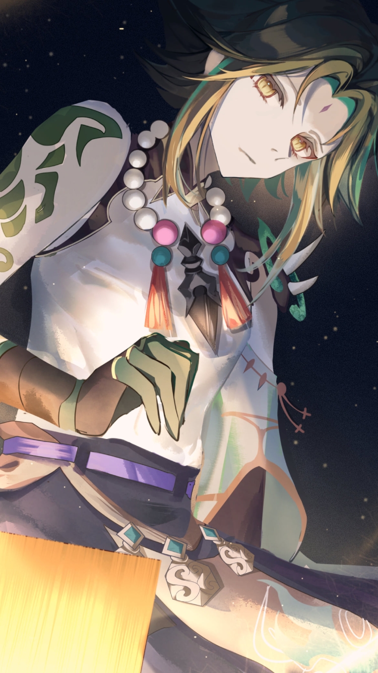斜め下を見つめるかっこいい魈 / 星空 / 原神の750 x 1334 / スマホ壁紙
