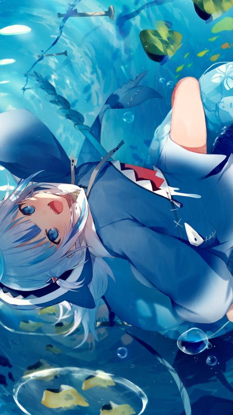 鮫のイラストが描いた浮き輪に乗ってはしゃぐがうる・ぐら / ホロライブ / バーチャルYouTuber / Vtuberの750 x 1334 / スマホ壁紙