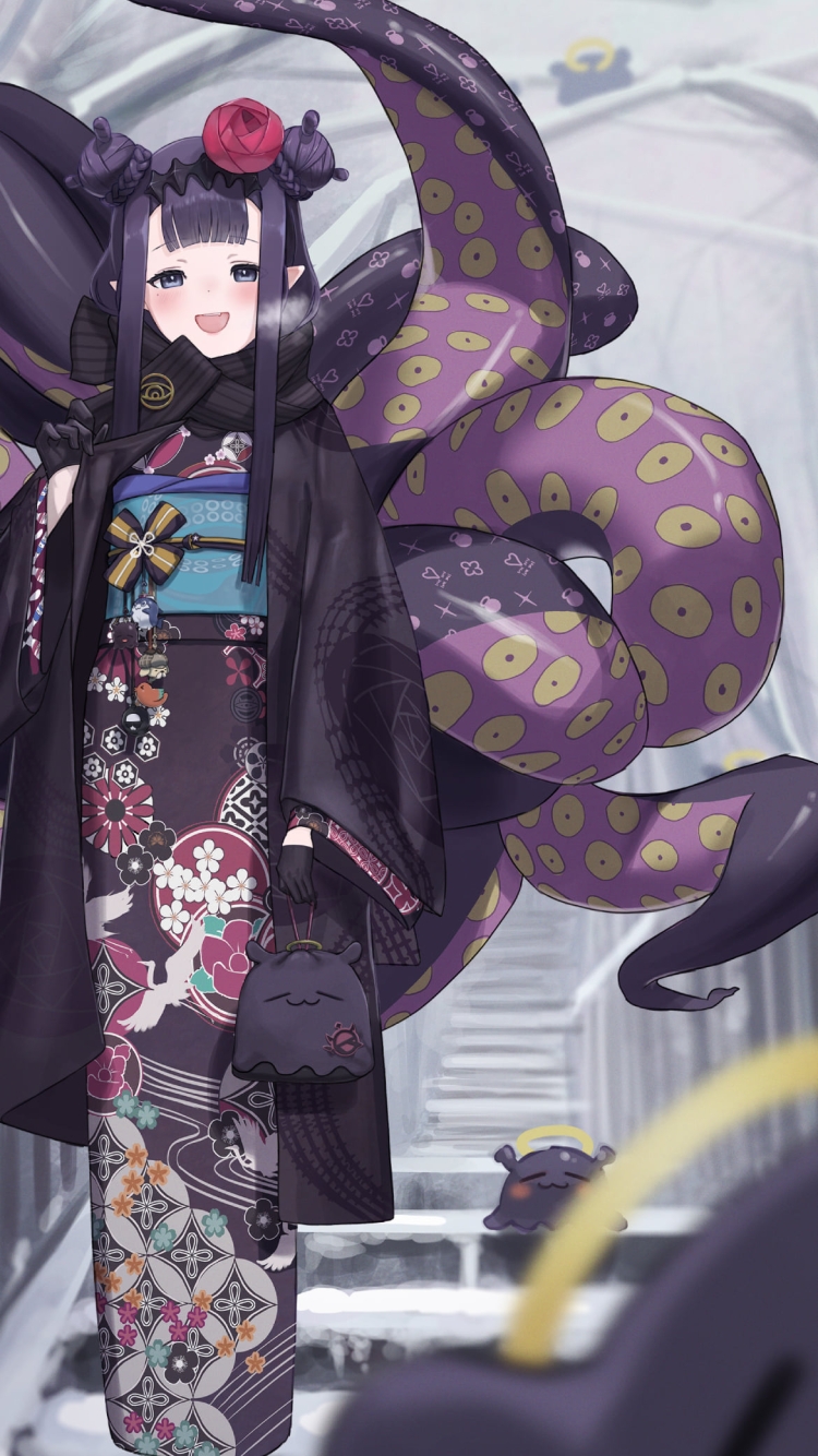 雪が積もった階段で写メを撮る一伊那尓栖 / ホロライブ / バーチャルYouTuber / Vtuberの750 x 1334 / スマホ壁紙