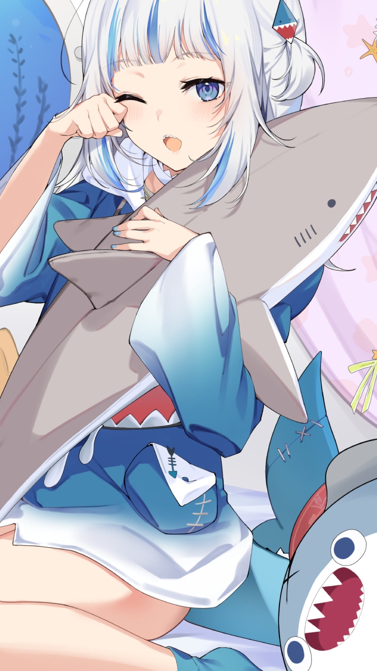 潜水艦の中で眠そうながうる・ぐら / 鮫のぬいぐるみ / ホロライブ / バーチャルYouTuber / Vtuberの750 x 1334 / スマホ壁紙