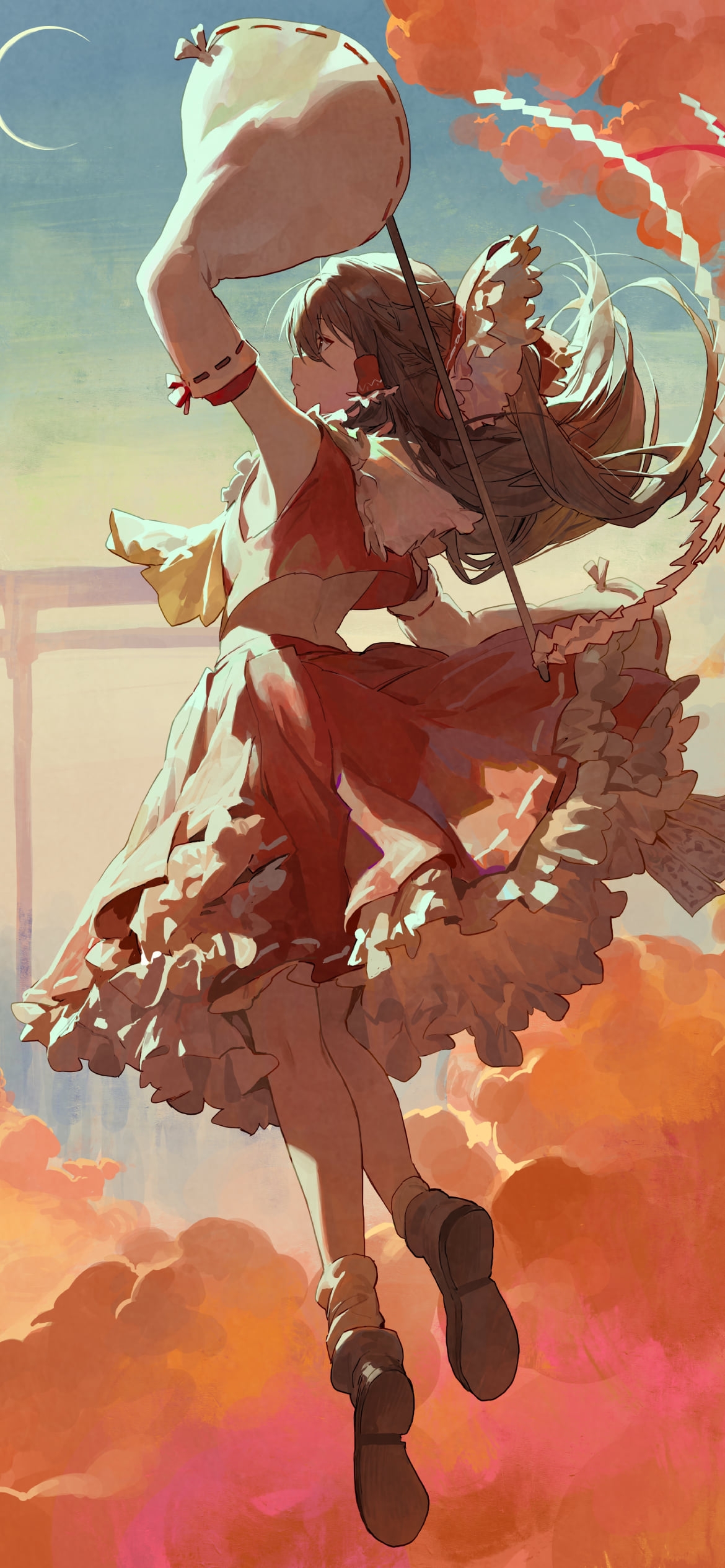 オレンジの雲と三日月と博麗霊夢 / 東方の1170 x 2532 / スマホ壁紙