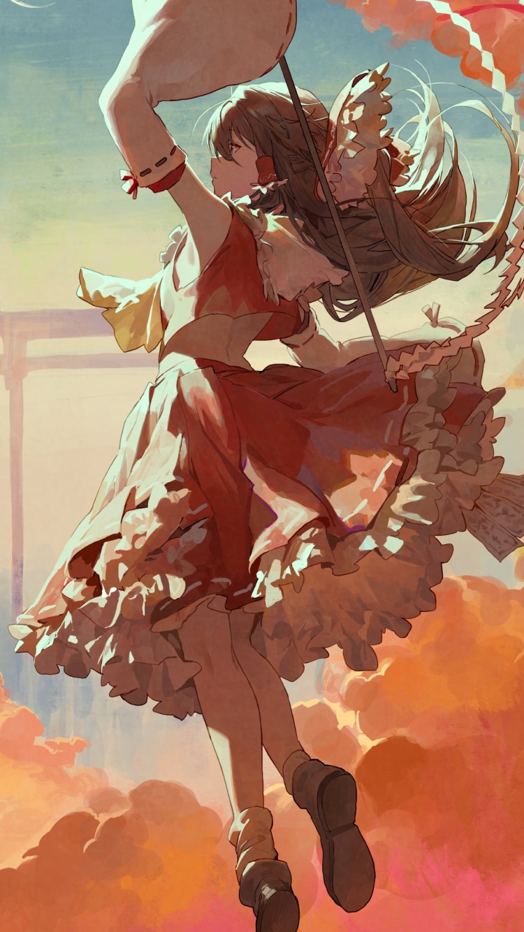 オレンジの雲と三日月と博麗霊夢 / 東方の750 x 1334 / スマホ壁紙