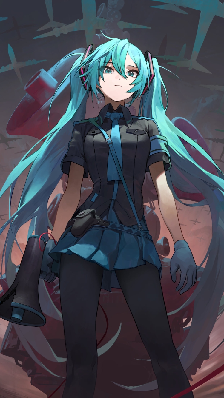 ハンド型メガホンを持つかっこいい初音ミク / 恋は戦争 / ボカロ / ボーカロイドの750 x 1334 / スマホ壁紙