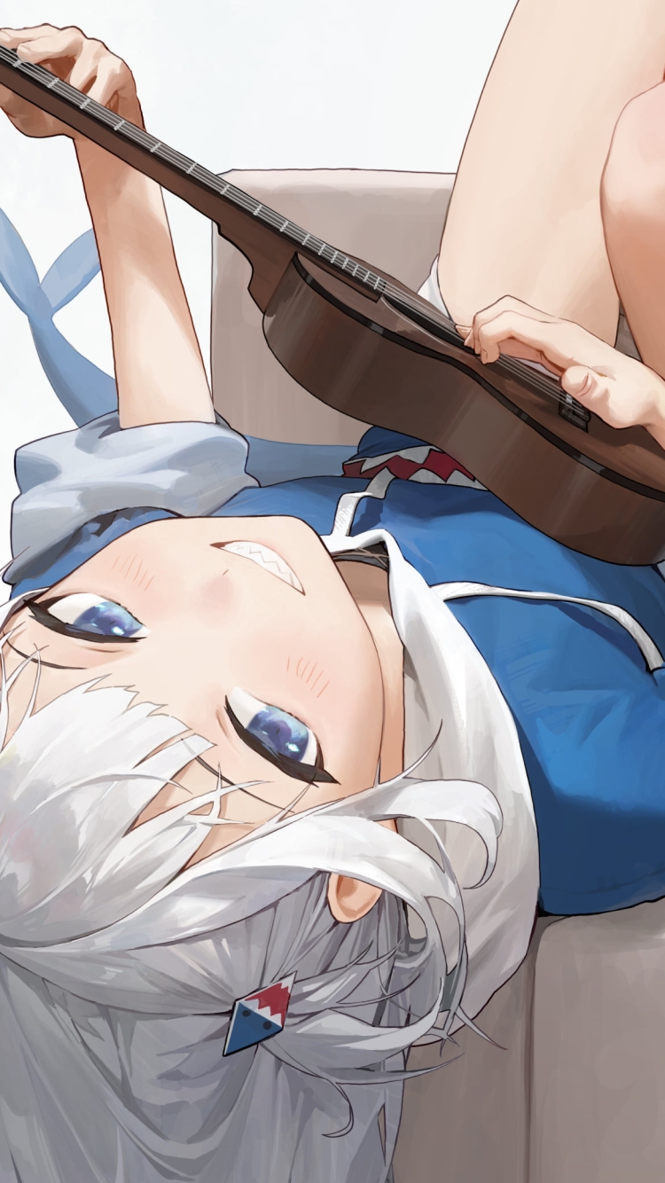 寝ながらウクレレを弾くがうる・ぐら / 可愛い / ホロライブ / バーチャルYouTuber / Vtuberの750 x 1334 / スマホ壁紙