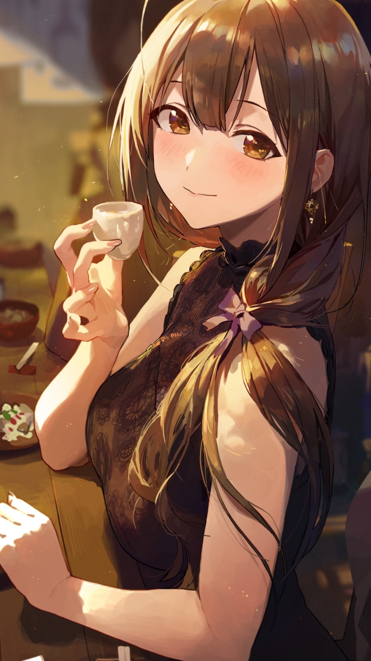 お猪口で日本酒を飲む可愛い桑山千雪 (くわやま ちゆき)  / 居酒屋 / アイドルマスターシャイニーカラーズの750 x 1334 / スマホ壁紙