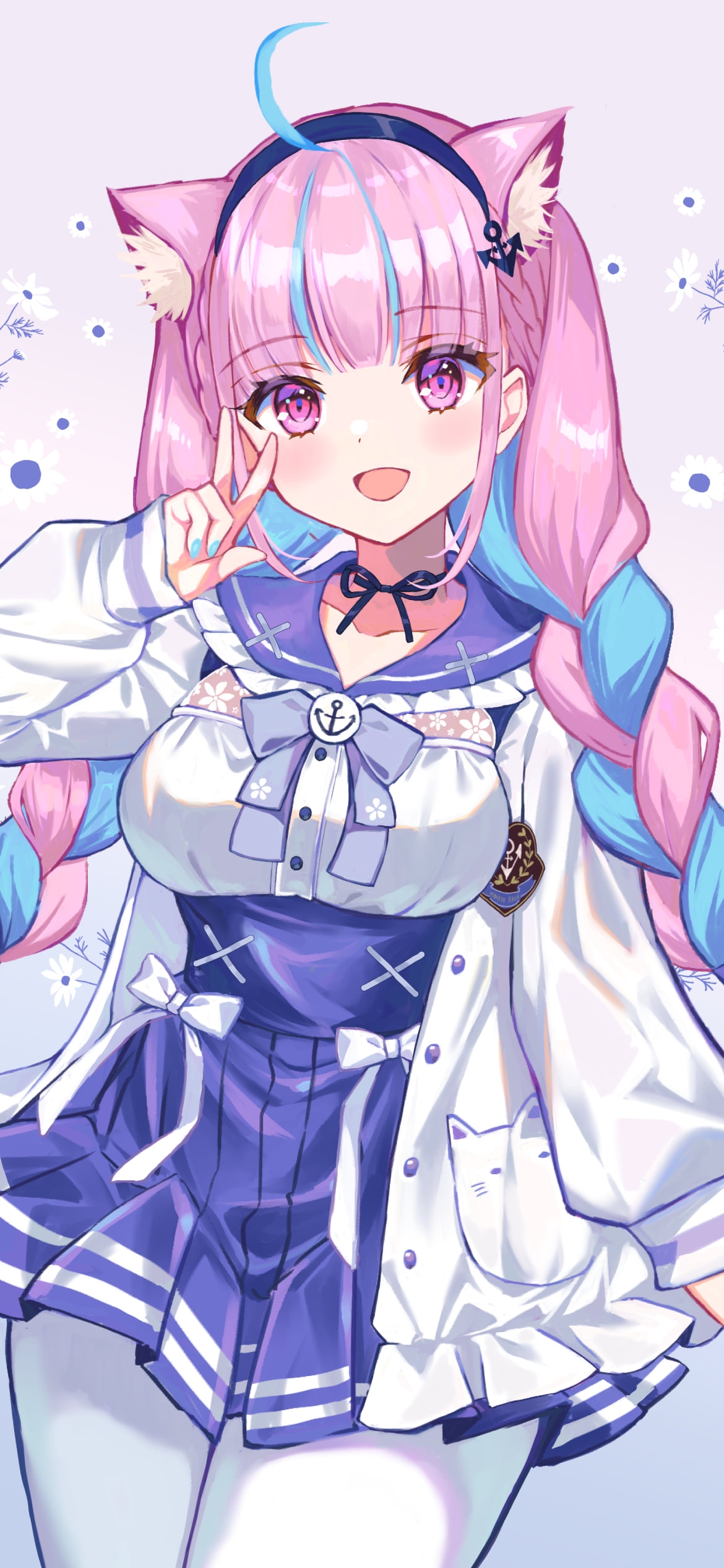 パステル調で描かれた笑顔でピースをする湊あくあ / ホロライブ / バーチャルYouTuber / Vtuberの1170 x 2532 / スマホ壁紙