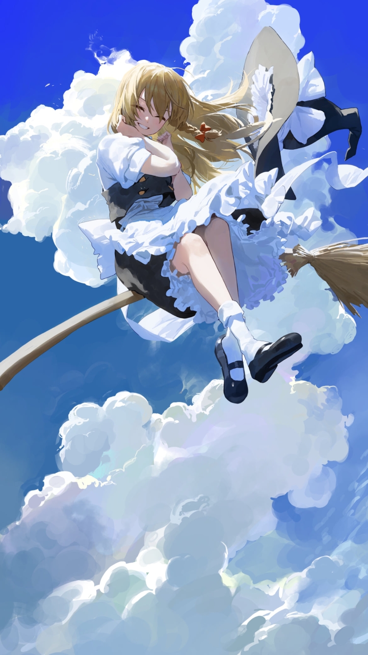 ホウキに乗った笑顔の霧雨魔理沙 / 晴天 / 東方の750 x 1334 / スマホ壁紙