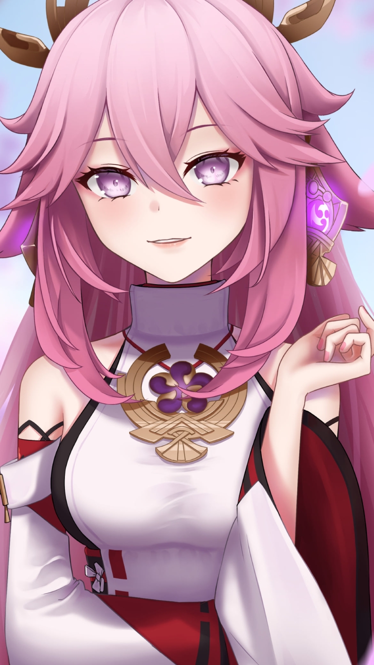光沢感のある色彩で描かれた可愛い八重神子 / 舞い散る桜の花びら / 原神の750 x 1334 / スマホ壁紙