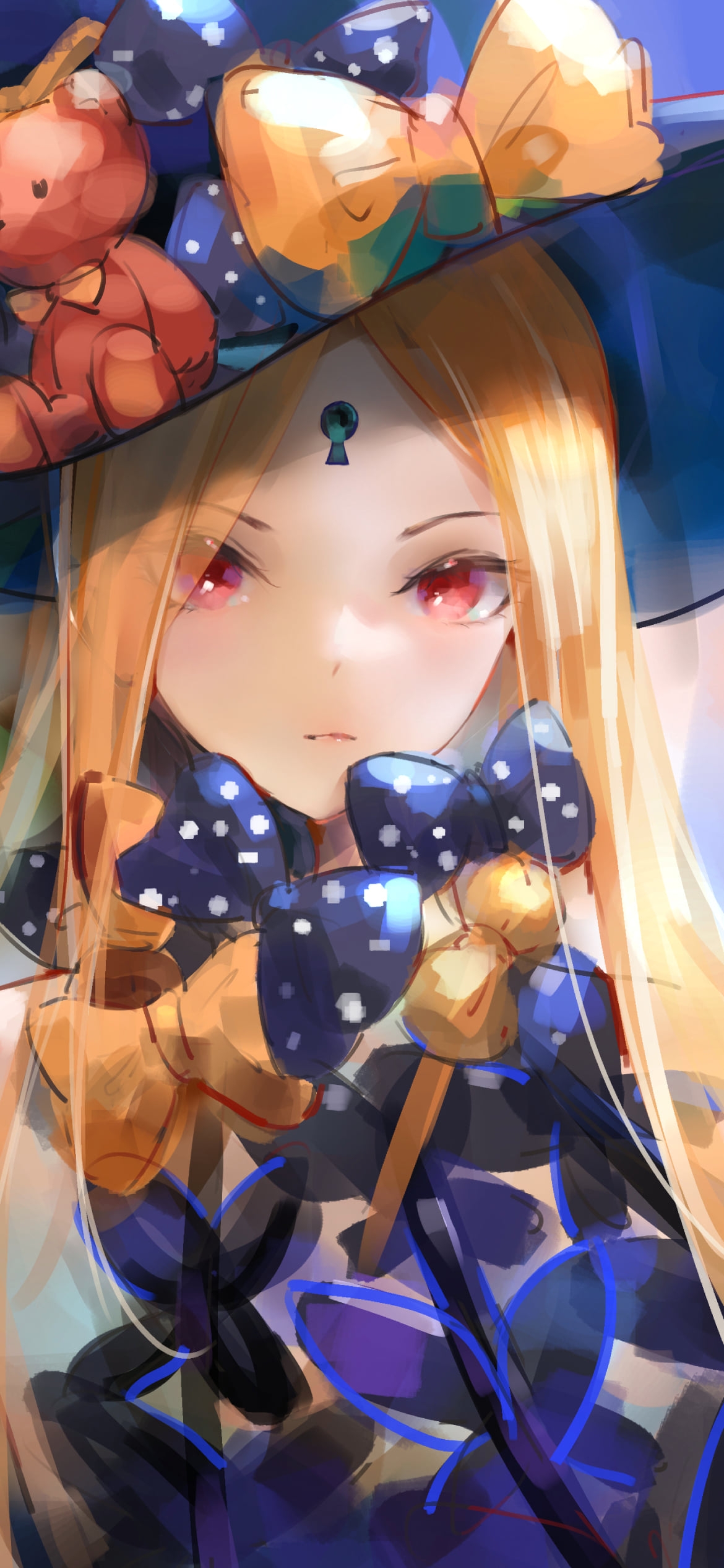 水彩で描いた可愛いアビゲイル・ウィリアムズ / ドット柄のリボン / 熊の飾り / fate/grand orderの1170 x 2532 / スマホ壁紙
