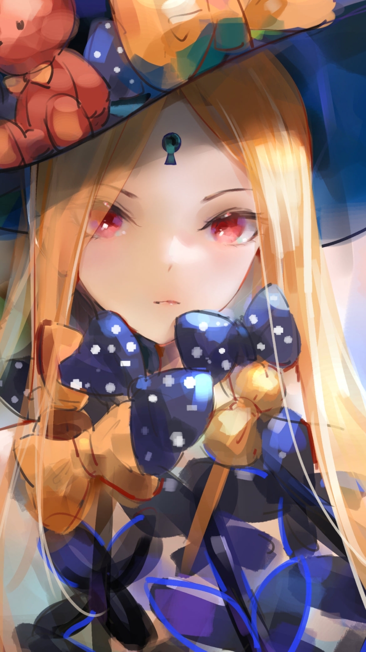 水彩で描いた可愛いアビゲイル・ウィリアムズ / ドット柄のリボン / 熊の飾り / fate/grand orderの750 x 1334 / スマホ壁紙