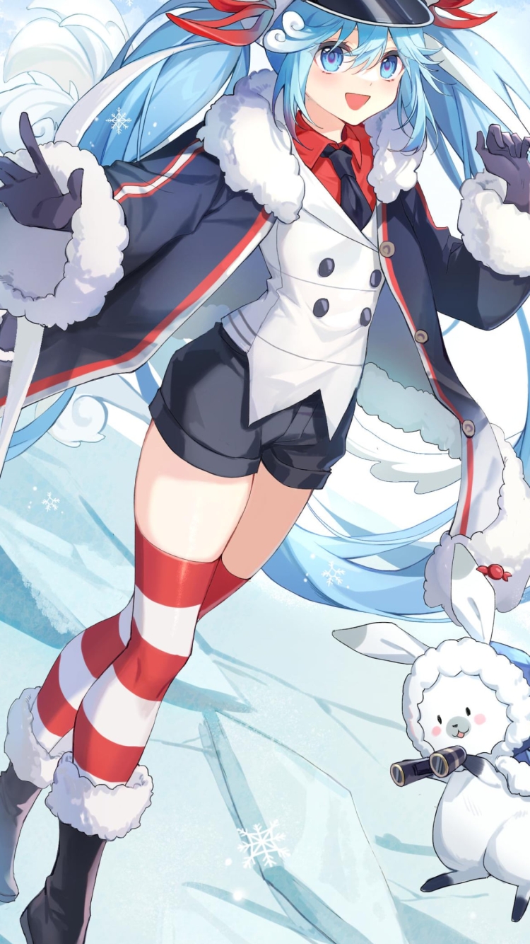 氷上に立ち笑顔の雪ミクとラビット・ユキネ / 可愛い / ボカロ / ボーカロイドの750 x 1334 / スマホ壁紙