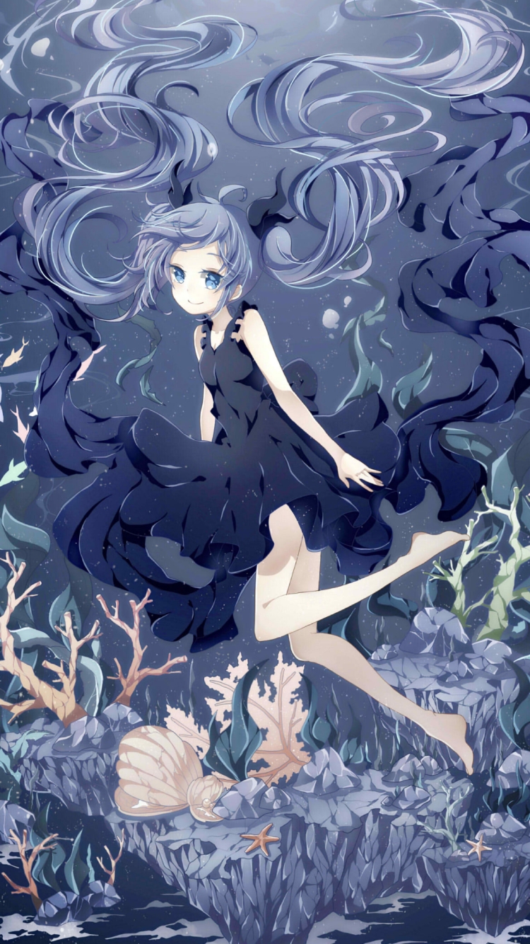 暗い海の中でこちらを見つめる可愛い初音ミク / 珊瑚 / クラゲ / ボカロ / ボーカロイドの750 x 1334 / スマホ壁紙
