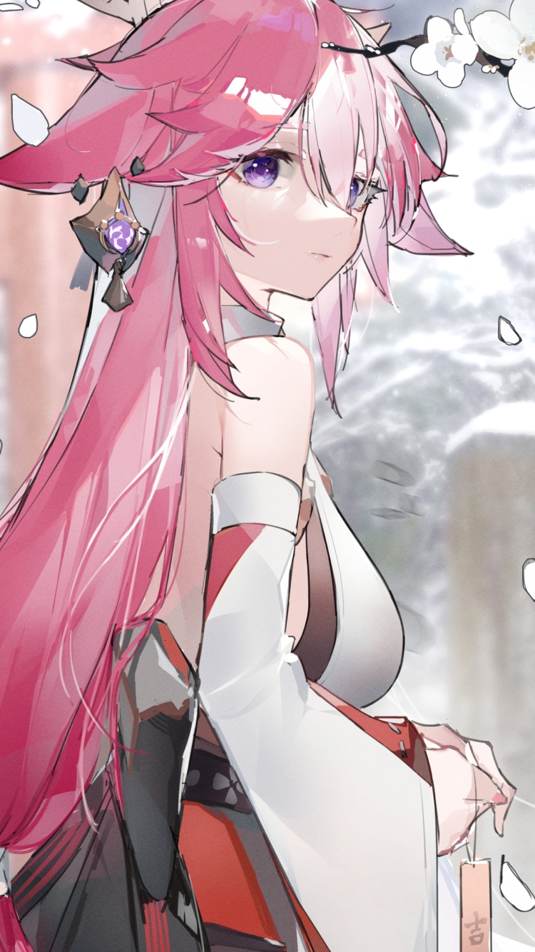 雪景色の中、振り返る八重神子 / 白い花 / 原神の750 x 1334 / スマホ壁紙