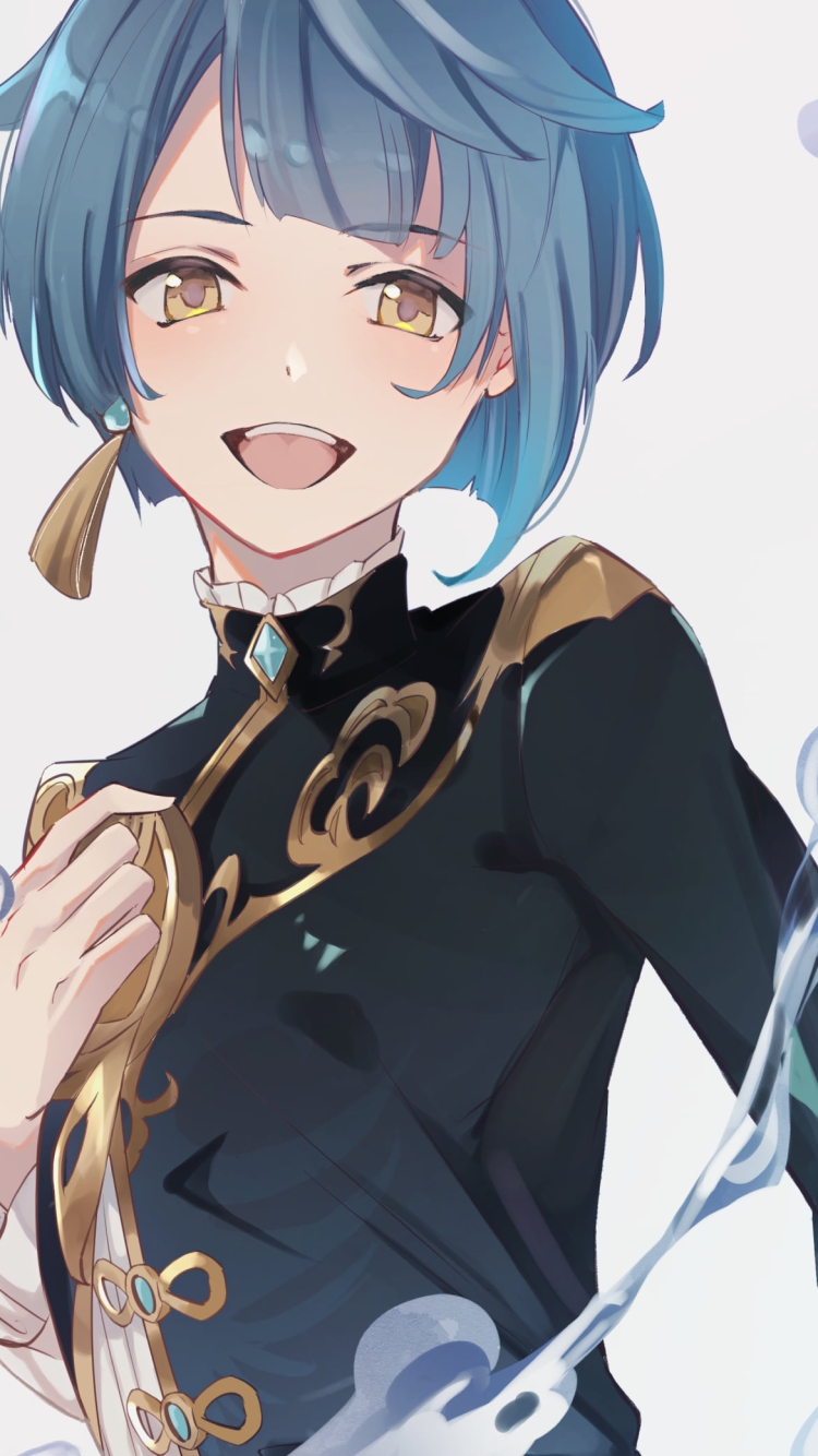 黒い制服を着た笑顔の行秋（ゆくあき） / 原神の750 x 1334 / スマホ壁紙