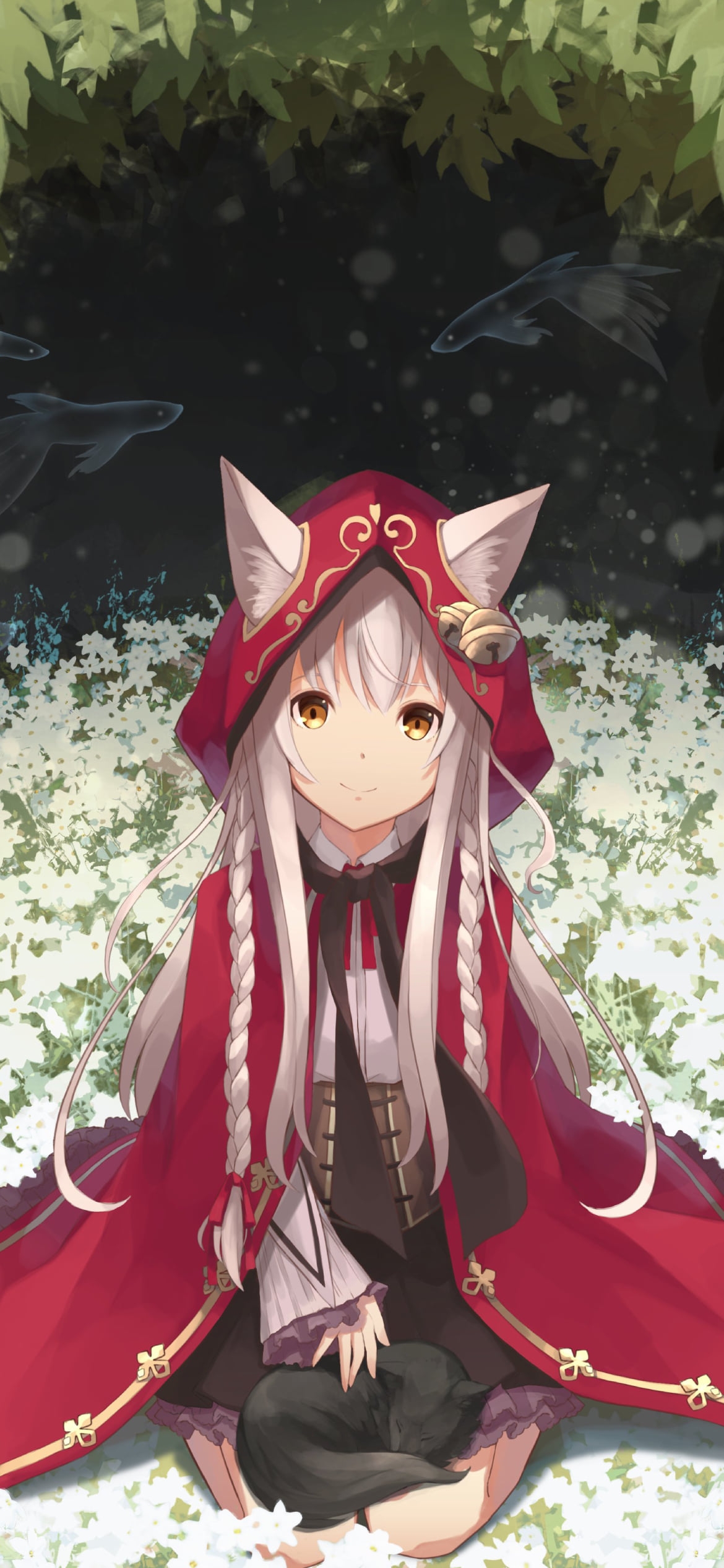 白い花の上に座る赤いフードを被った可愛いパンドラ / 最果てのパンドラの1170 x 2532 / スマホ壁紙