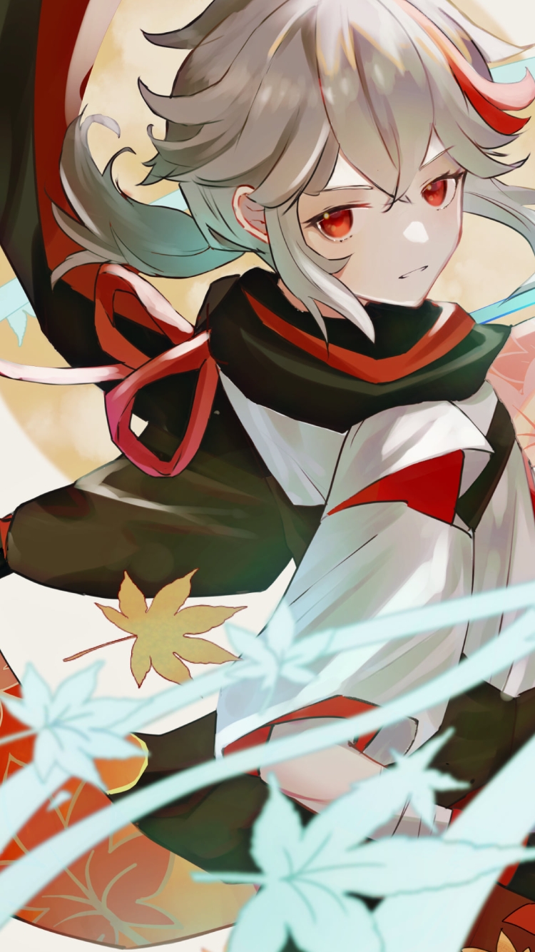 風に包まれてこちらを見る楓原万葉 / 原神の750 x 1334 / スマホ壁紙