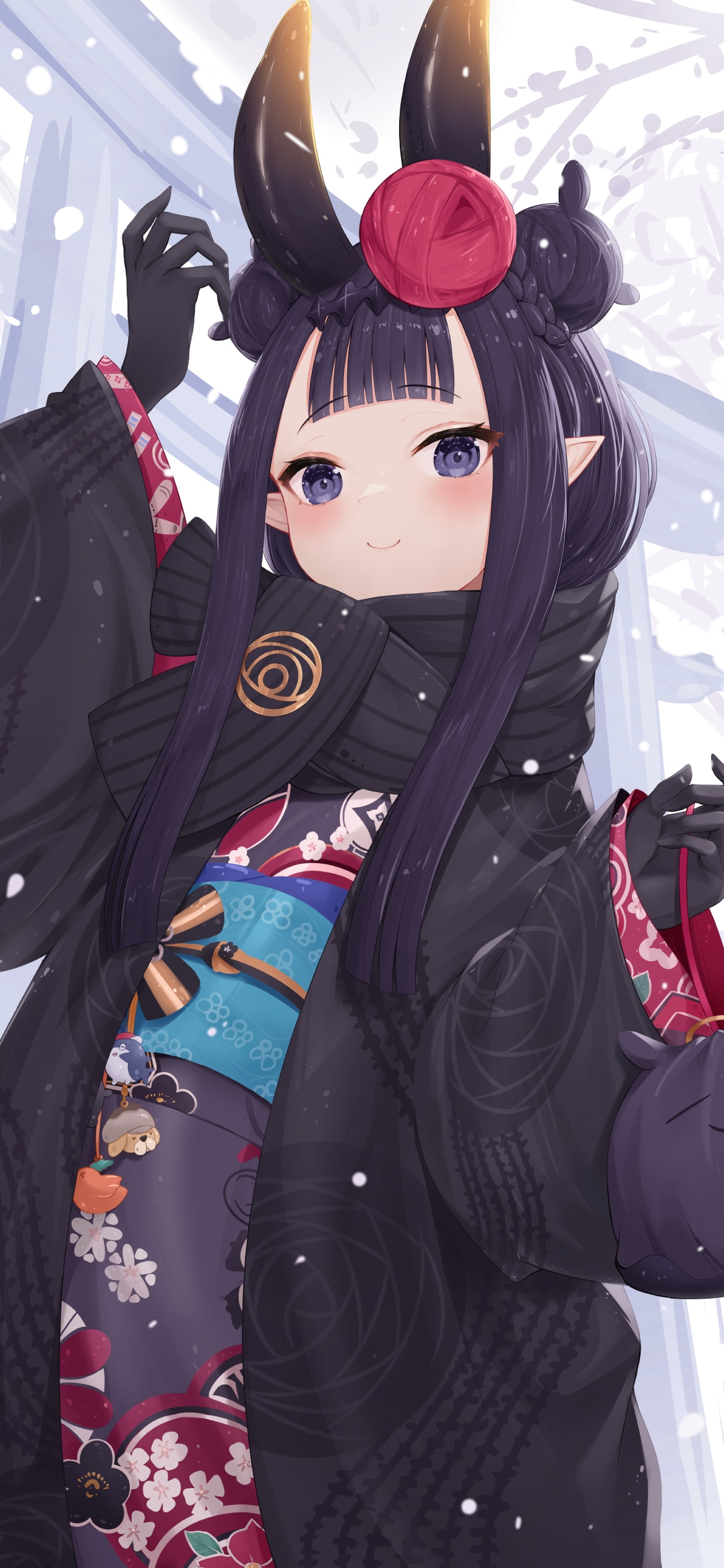 黒い着物を着た可愛い一伊那尓栖 / 鳥居 / 冬 / 雪 / ホロライブ / バーチャルYouTuber / Vtuberの1170 x 2532 / スマホ壁紙