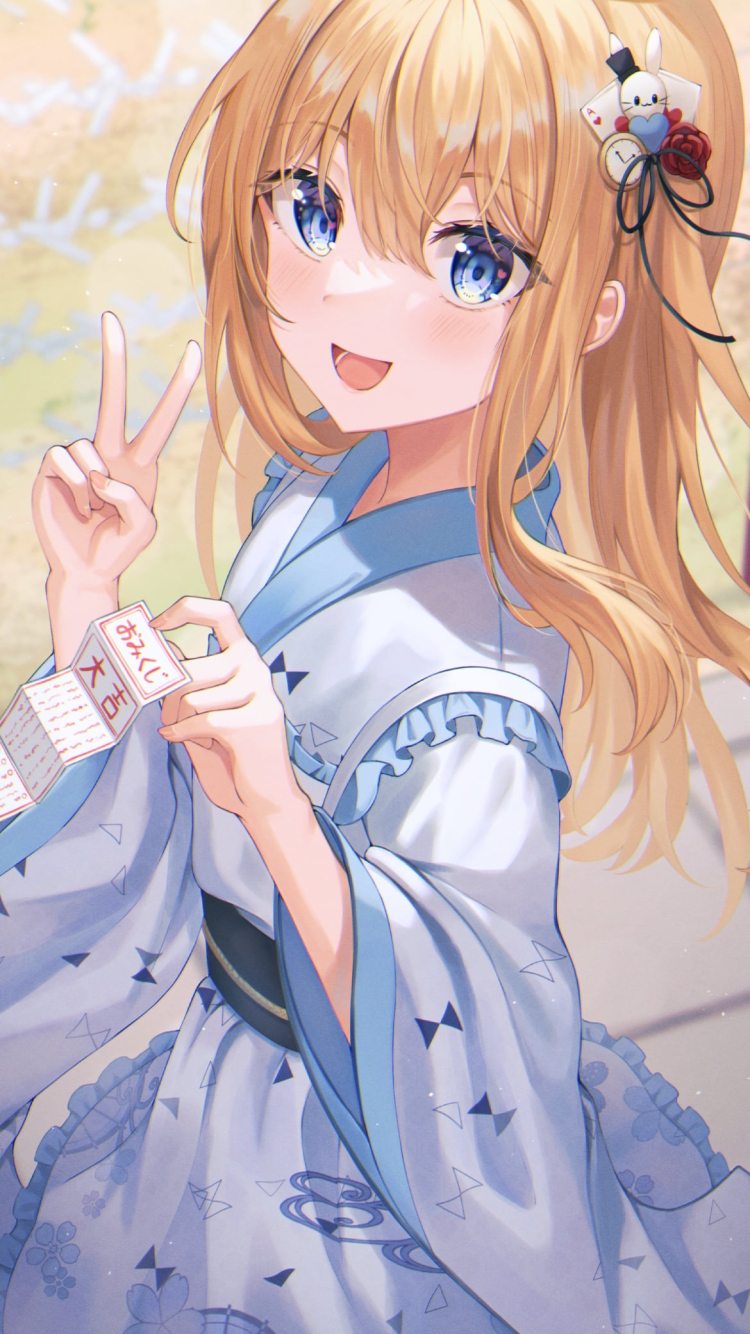 大吉のおみくじを引き笑顔でピースをするアリス / ホワイト・ラビット / 不思議の国のアリスの750 x 1334 / スマホ壁紙