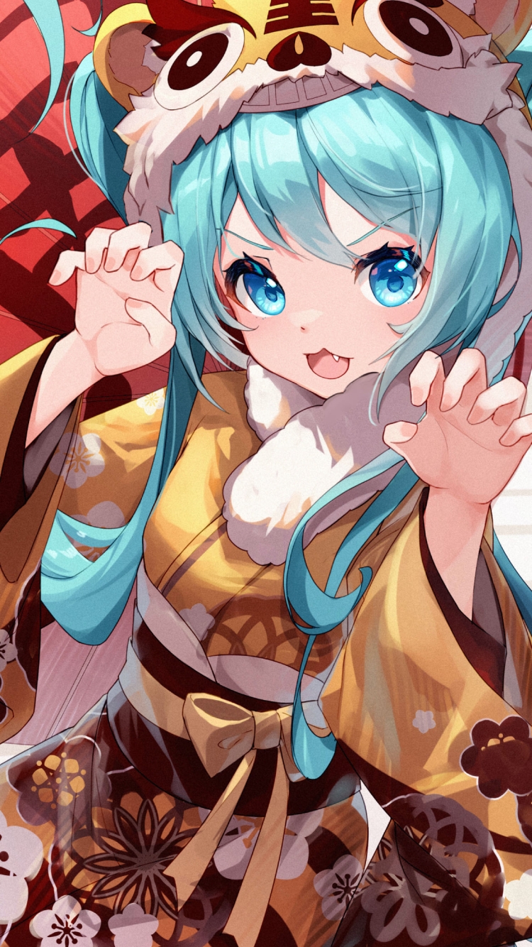 ガオーポーズの初音ミク / 寅年 / 干支 / ボカロ / ボーカロイドの750 x 1334 / スマホ壁紙